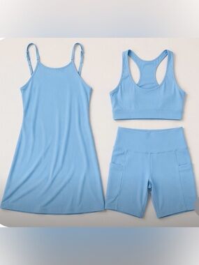 Girlfriend Collective Dewdrop 3pc Set M – Naomi Dress + Shorts + Bra